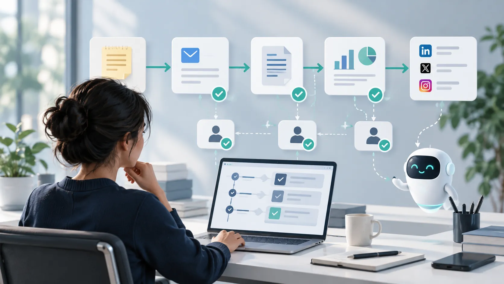 Conceptual illustration of AI-assisted automation steps and a human working on a laptop