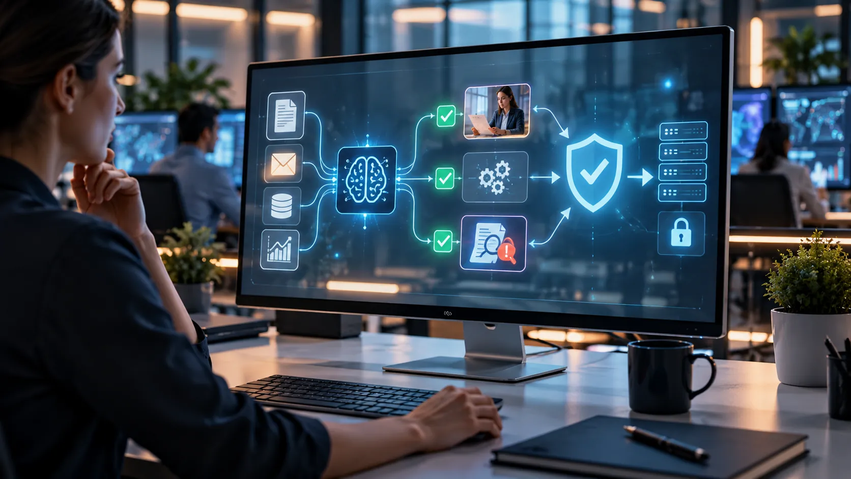 Conceptual illustration of human oversight and security checks in an AI workflow