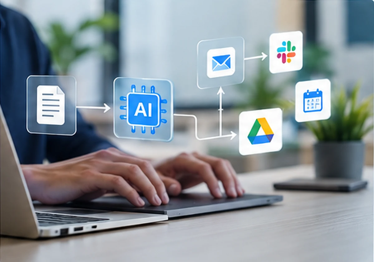 Conceptual illustration of an AI-assisted workflow connecting documents, messages and productivity apps