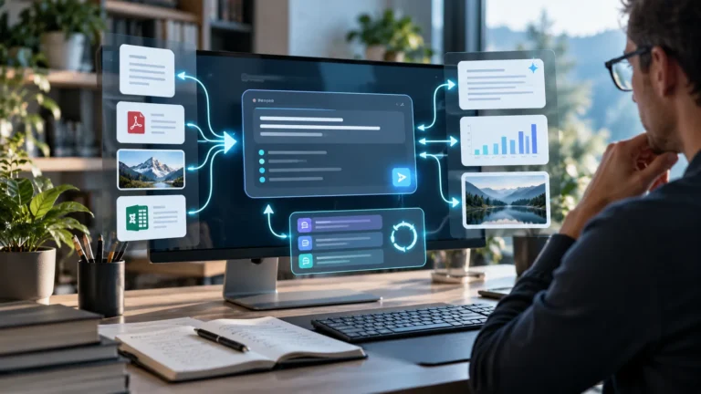 Conceptual illustration of a professional preparing AI prompts with documents and generated outputs